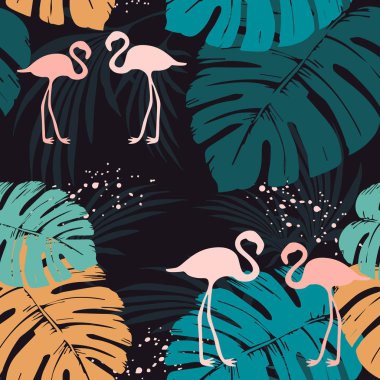 Flamingo ve tropikal yaprakları ile Seamless Modeli