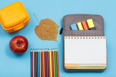 Renkli kalemler, elma, sandviç kutu, Kuru yaprak, hissettim renk kalemler ile çanta-kalem duruma açık alıştırma kitabı ve mavi zemin üzerine marker. Üstten görünüm kopya alanı ile. Geri okul kavramı. Okul malzemeleri.