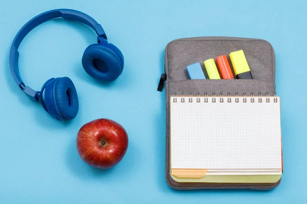 Apple Headphones Open Exercise Book Bag Pencil Case Color Felt — Stock Photo, Image