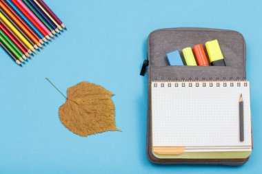 Renkli kalemler, Kuru yaprak, egzersiz kitap çanta-kalem davasında hissettim renkli kalemler ve mavi zemin üzerine marker ile açın. Üstten görünüm kopya alanı ile. Geri okul kavramı. Okul malzemeleri.