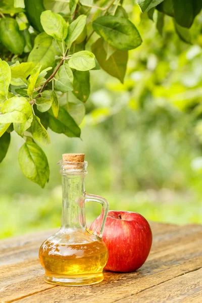 Cuka Apel Dalam Botol Kaca Dengan Gabus Dan Apel Merah — Stok Foto