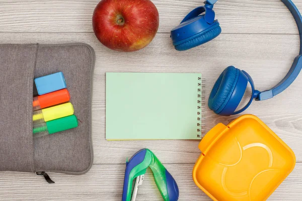 Bag Pencil Case Color Felt Pens Marker Apple Notebook Stapler — Stock Photo, Image