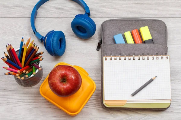 Yellow Lunch Box Apple Color Pencils Headphones Open Exercise Book — Stock Photo, Image