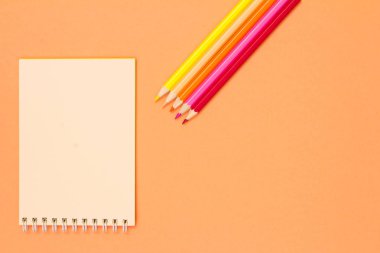 Kitap, makas, defter, renkli kalemler ve pusula pembe bir arka plan üzerinde. Üstten görünüm kopya alanı ile. Geri okul kavramı. Okul malzemeleri. Pastel renkler