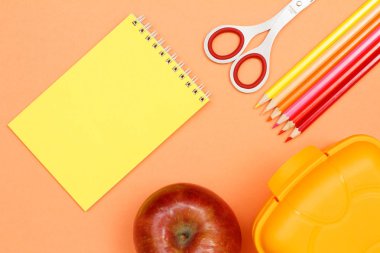 Okul malzemeleri. Defter, apple, makas, renkli kalemler ve beslenme çantası pembe bir arka plan üzerinde. Üstten görünüm kopya alanı ile. Geri okul kavramı. Pastel renkler