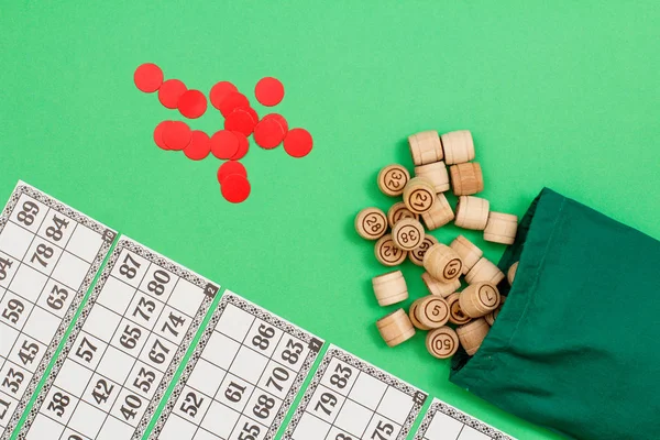 Barris Loteria Madeira Com Saco Pano Cartões Jogo Fichas Vermelhas — Fotografia de Stock