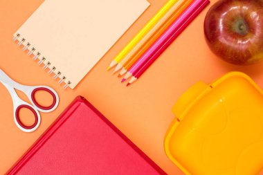 Kitap, makas, defter, renkli kalemler, kırmızı elma ve beslenme çantası pembe bir arka plan üzerinde. Üstten görünüm. Geri okul kavramı. Okul malzemeleri. Pastel renkler