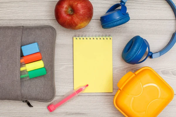 Bag Pencil Case Color Felt Pens Apple Yellow Notebook Headphones — Stock Photo, Image