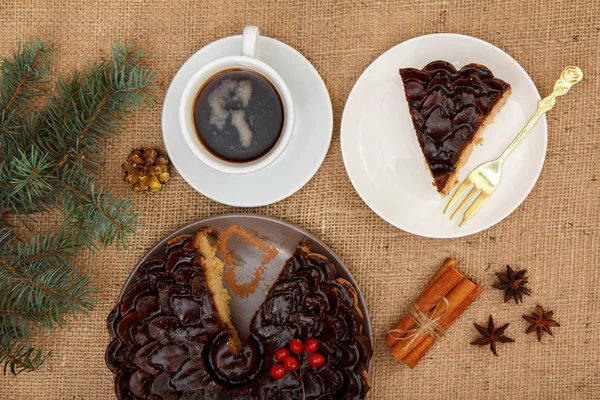 Sliced Chocolate Cake Decorated Bunch Viburnum Cup Coffee Star Anise — Stock Photo, Image