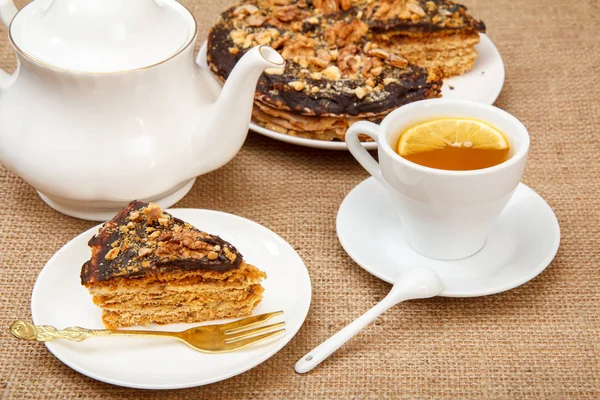 Cup Tea Porcelain Teapot Homemade Chocolate Puff Cake Table Sackcloth — Stock Photo, Image