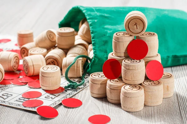 Loto Jogo Tabuleiro Barris Loteria Madeira Com Saco Cartões Jogo — Fotografia de Stock