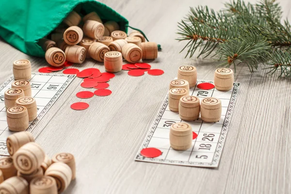 Loto Jogo Tabuleiro Barris Loteria Madeira Com Saco Verde Cartões — Fotografia de Stock