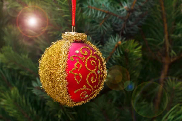 Spruce Branch Toy Ball Festive Lights Sparkles Background Christmas New — Stock Photo, Image