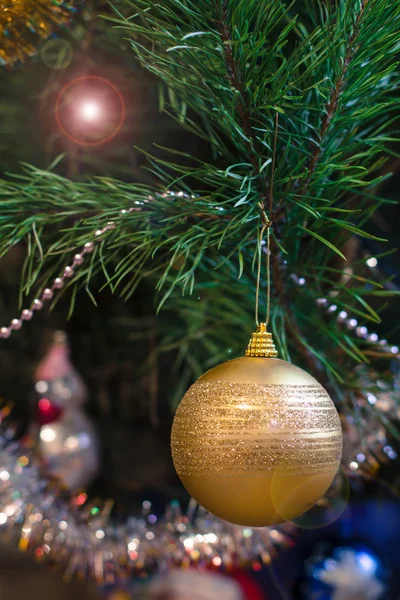 Spruce Branch Ball Toys Festive Lights Sparkles Background Christmas New — Stock Photo, Image