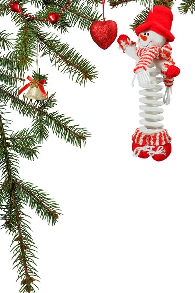 Ramos Abeto Natural Com Boneco Neve Brinquedo Outro Ornamento Natal — Fotografia de Stock