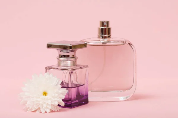 Bottles with women perfumes and bud of flower in a pink background. Women products.