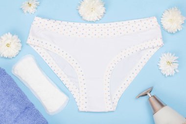 Güzel iç çamaşırı havlu, Sıhhi Peçete ve şişe mavi zemin üzerine sıvı sabun ile. Kadın iç çamaşırı ayarlayın. Üstten görünüm.