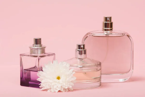 Bottles with women perfume and flower bud in a pink background. Women products.