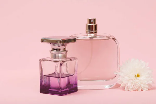 Bottles with women perfumes and bud of flower in a pink background. Women products.