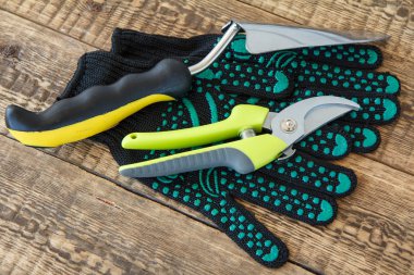 Çift siyah Bahçe eldiven, budayıcı ve mala paslanmaz çelik ahşap tahta üzerinde yapılmış. Bahçe aletleri ve donanımları.