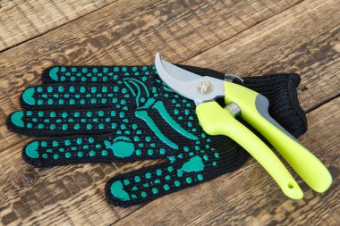 Bahçe siyah eldiven ve budayıcı ahşap tahta üzerinde. Bahçe aletleri ve donanımları.