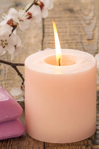 Vela ardiente con jabón y rama floreciente de albaricoque . — Foto de Stock