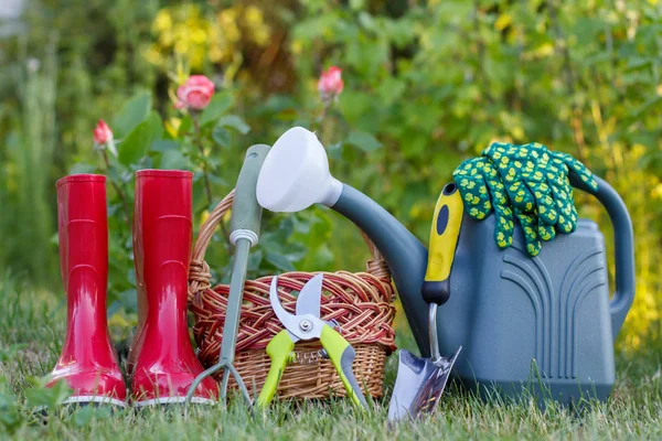 Botas de borracha de jardim vermelho, ancinho pequeno, poda, cesta de vime, espátula e regador de plástico na grama verde . — Fotografia de Stock