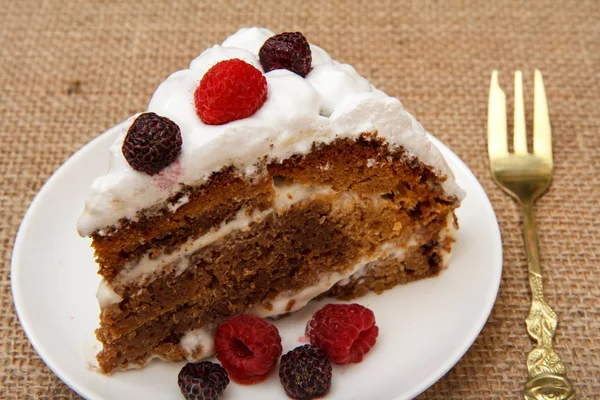 Slice of homemade biscuit cake decorated with whipped cream and raspberries. — Stock Photo, Image