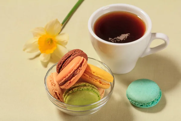 Tasse Kaffee und köstliche Macarons Kuchen in verschiedenen Farben in Glasschüssel. — Stockfoto