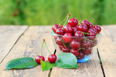 Cam kase peduncles ile kırmızı olgun kiraz meyve.
