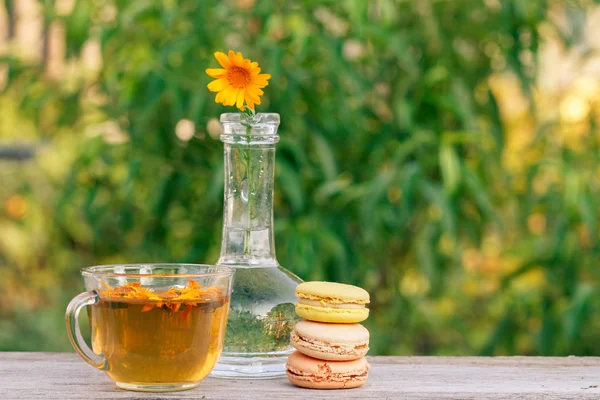 Cup of green tea, delicious macaroons cakes of different color and calendula flower with a stem in a glass flask. — Stock Photo, Image