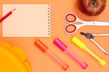 Elma, kalem, makas, pusula, renk keçe kalem ve öğle yemeği kutusu ile defter.