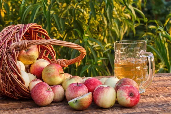 Acabo de recoger manzanas en una cesta de mimbre y sidra de manzana en copa de vidrio — Foto de Stock