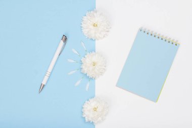 Okul malzemeleri. Beyaz ve mavi arka planda defter ve kalem.