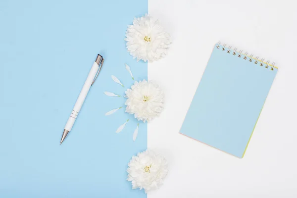 School supplies. Notebook and pen on white and blue background.