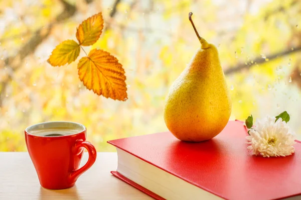 Pear, book, flower, cup of coffee and autumn yellow leaf on window glass with water drops in the blurred background.