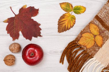 Sonbahar teması. Ekose, kuru yapraklar, ahşap arka plan üzerinde elma ve ceviz.