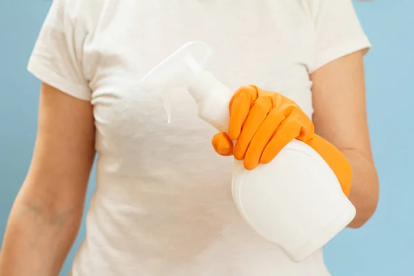 Woman White Shirt Holding Plastic Bottle Washing Liquid Blue Background — Stock Photo, Image