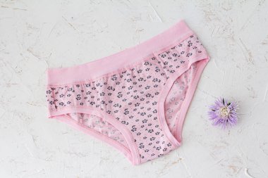 Beyaz yapılı arka planda çiçek tomurcuğu olan pembe pamuklu külot. Kadın iç çamaşırı seti. Üst görünüm.