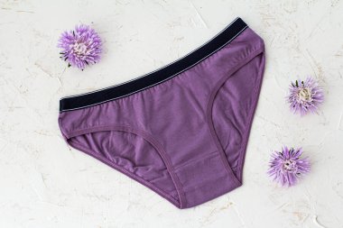 Beyaz yapılı arka planda çiçek tomurcukları olan mor pamuklu külotlar. Kadın iç çamaşırı seti. Üst görünüm.