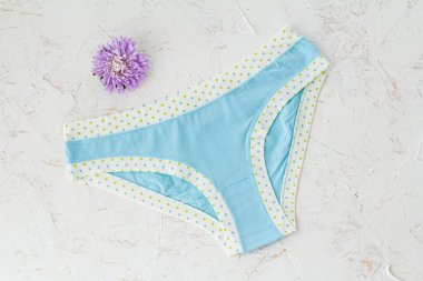 Beyaz yapılı arka planda çiçek tomurcuğu olan mavi pamuklu don. Kadın iç çamaşırı seti. Üst görünüm.