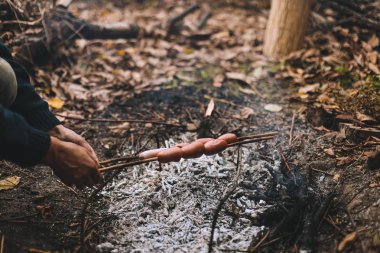 Farklı Sosis kızartma kamp ateşi üzerinde sopa. El yapımı ızgara. Açık rekreasyon kavramı. 