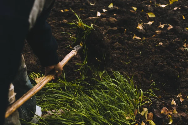 Man gräva i trädgården. Spud smutsa. Man gräver ett hål för att plantera ett träd. Man löser upp smuts i jordbruksmark, Trädgårdsskötsel, jordbruk och tufft arbete koncept — Stockfoto