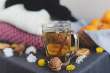 Mandalina, çiçekler, narenciye sraw sepeti, sıcak kazak, fincan çay ve portakal dilimleri. Noel Kış arka plan, duvar kağıdı veya tebrik kartı. Üstten görünüm, düz yatıyordu, arka plan, kopya alanlarda. 