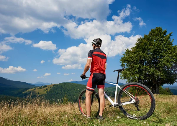 体育运动员站立与越野自行车在草的谷和享受夏天的山的秀丽风景 健康生活方式和户外体育概念 — 图库照片
