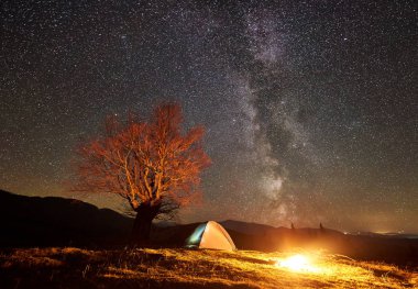 Muhteşem gece kamp sitesi görünümü. Turist çadır altında güzel gökyüzü yıldız ve Samanyolu dolu yakınındaki yanan parlak kamp ateşi. Büyük ağaç ve arka plan üzerinde uzak dağ silsilesi