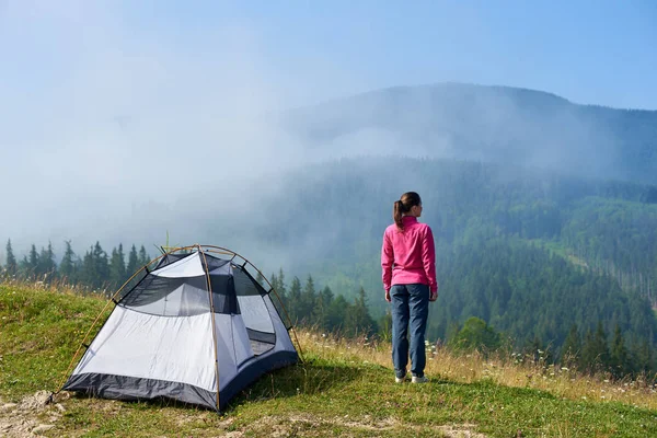 Arkadan görünüşü çiçek açan valley adlı turistik çadır güzel berrak mavi gökyüzünün altında tutuyoruz, sisli dağlar üzerinde yaz sabahı manzarayı genç turist kadın. Turizm ve seyahat kavramı.