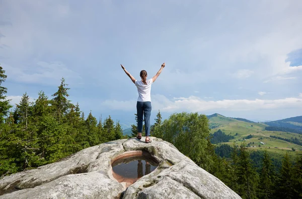 Vista Posterior Joven Excursionista Pie Cima Una Enorme Roca Con — Foto de Stock