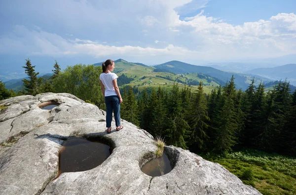 Vedere Din Spate Unei Femei Turistice Fericite Care Stă Stâncă — Fotografie, imagine de stoc