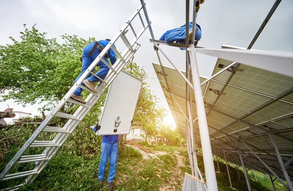 Team Van Drie Technici Montage Foto Voltaïsche Deelvenster Naar Zelfstandige — Stockfoto